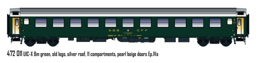 LSModels LS472011 - Coche de pasajeros UIC-X Bm, 2ª clase. SBB, Ep.IVa, logotipo antiguo