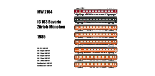 LSModels MW2104 - Ensemble de 8 voitures particulières. CFF, Ep. V, IC163 Bavière ZU-MUC 1985