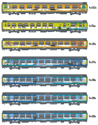 LSModels MW2401 - Coffret de 7 voitures voyageurs VTU SNCF, Ep. VI, TEOZ, éclairage intérieur