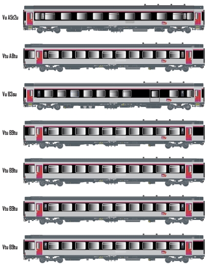 LSModels MW2402 - Set van 7 personenautos VTU SNCF, aflevering VI, TEOZ, binnenverlichting