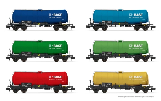 Arnold HN6541 - D-BASF, 6-piece display 4-axle tank wagon, various colors, Ep.VI