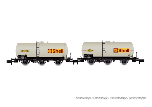 Arnold HN6609 - SNCF, 2 uds. Conjunto de 3 ejes. Vagón cisterna Uh, “Shell”, Ep IV.