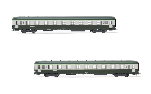 Jouef HJ4182 - SNCF, 2 st. Set 2e klas personenautos DEV AO U59 (ex A9) in groen/grijze kleurstelling met Nouille-logo, tijdperk IV-V