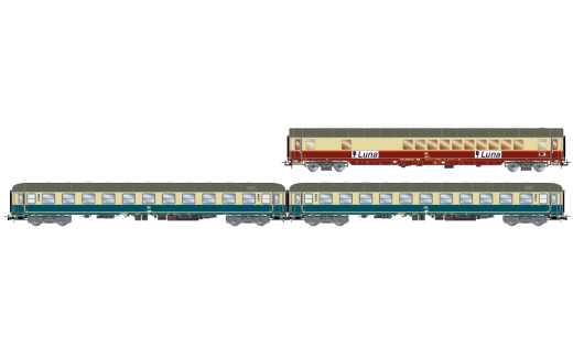 Rivarossi HR4349 - DB, 3 pièces. Coffret train express de nuit « Luna », composé de 1 x voiture de société-bar WGmh 854, en livrée rouge/beige et 2 x Bcm 246, en livrée bleu océan, Ep. IV.