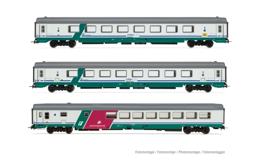 Rivarossi HR4359 - FS, 3 st. Set IC 507/530 personenrijtuig Sila, Turijn - Reggio Calabria, in XMPR Intercity kleurstelling, bestaande uit 2 x Gran Confort 1985 sedan en 1 x Gran Confort WR83 restauratierijtuig met glad dak, tijdperk vijf