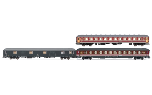 Rivarossi HR4362 - FS, 3 pz. Set di carrozze passeggeri “Alpen-Express”, composto da 2 x 2a classe. Carrozza UIC-X in livrea rosso/grigio e 1 carrozza portabagagli UIC-X anni 70, epoca IVb