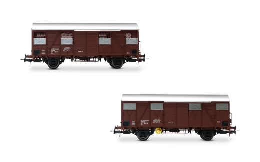 Rivarossi HR6645 - FS, 2-d. Set gesloten goederenwagens type Gs (wanden met houten planken), één met rode achterlichten, aflevering IV